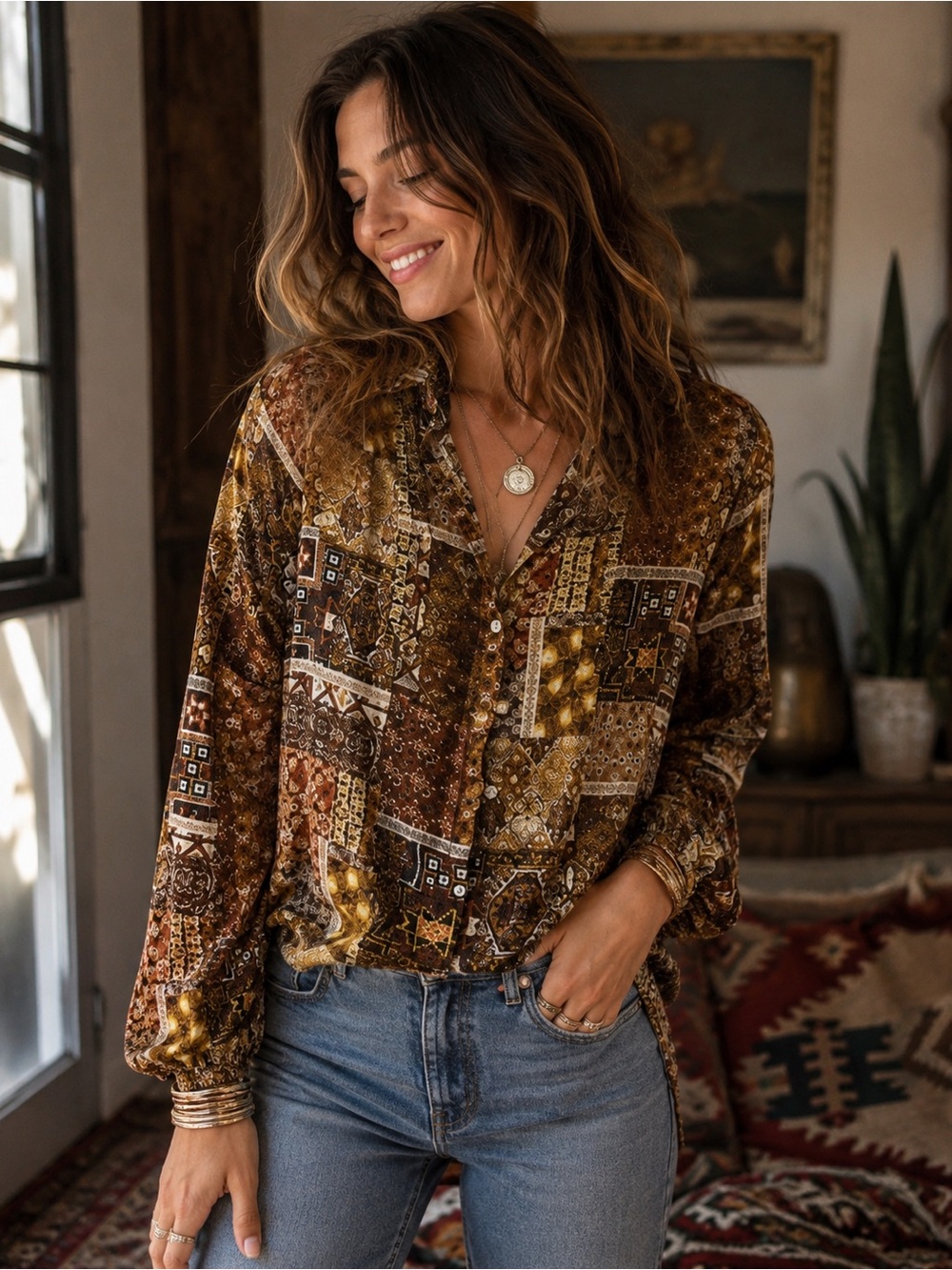 Jane & Delancey Patchwork Button Up Long Sleeve Top
